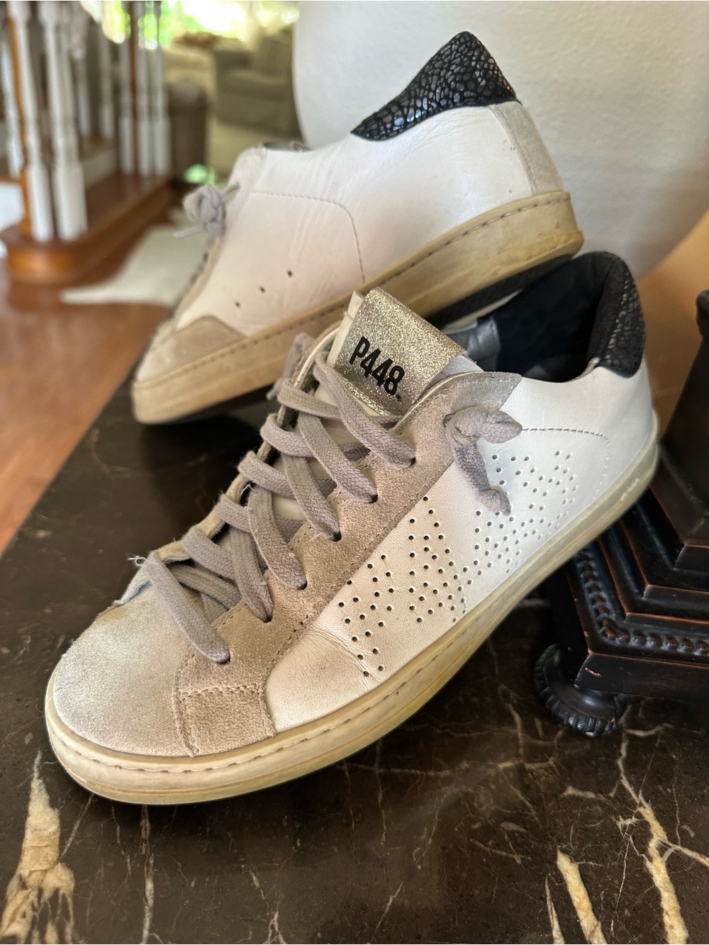 P448 Women's White and Gray Leather Sneakers with Black Heel Accent